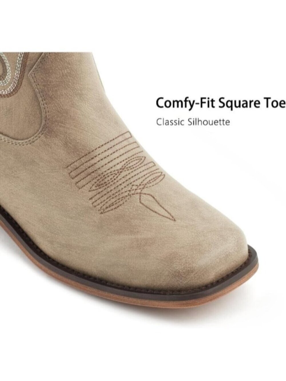 Women's Beige Square Toe Mid Calf Chunky Heel Classic Fall Western Cowgirl Boots - Picture 3 of 7
